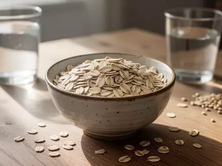 Eine Schale mit Haferflocken auf einem Holztisch bei natürlichem Tageslicht. - Foto: über boerse-global.de