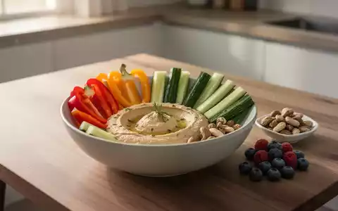 Gesunde Mahlzeit bestehend aus Hummus, frischem Gemüsesticks, Nüssen und Beeren auf einem Holztisch. - Foto: über boerse-global.de