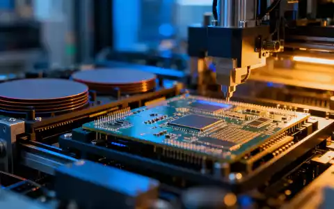 Abstrakte Darstellung einer modernen Halbleiterfertigung mit Fokus auf Mikrochip-Technologie und industrielle Präzision. - Foto: über boerse-global.de