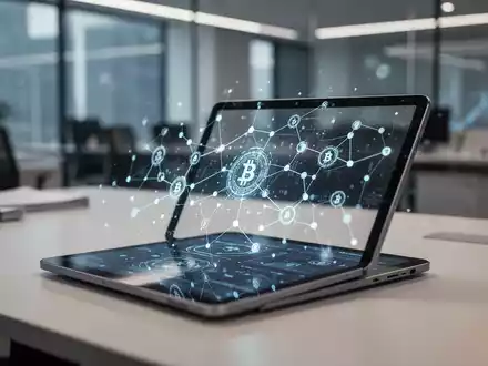 Digitales Tablet mit abstrakten Blockchain-Datenknoten in einer modernen Büroumgebung als Symbol für Stablecoin-Zahlungen. - Foto: über boerse-global.de