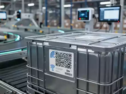 Nahaufnahme eines modernen RFID-Etiketts mit QR-Code auf einem Mehrwegbehälter in einer automatisierten Lagerumgebung. - Foto: über boerse-global.de
