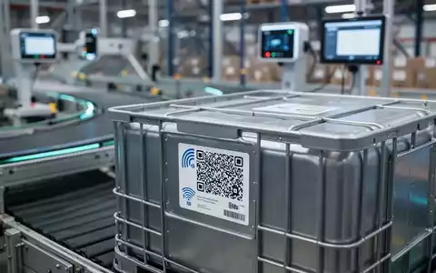 Nahaufnahme eines modernen RFID-Etiketts mit QR-Code auf einem Mehrwegbehälter in einer automatisierten Lagerumgebung. - Foto: über boerse-global.de