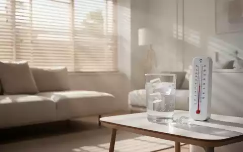 Ein helles, modernes Wohnzimmer an einem heißen Sommertag mit halb geschlossenen Jalousien und einem Glas Eiswasser auf dem Tisch. - Foto: über boerse-global.de