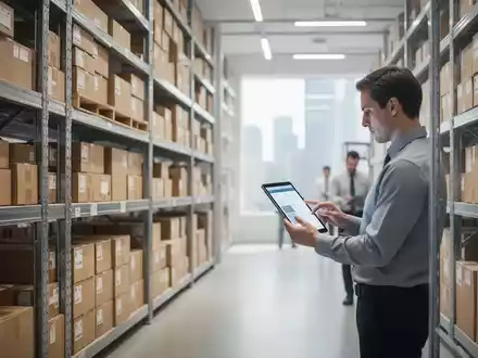 Ein modernes, aufgeräumtes Lagerhaus mit gestapelten Kartons und einem Mitarbeiter, der ein Tablet zur digitalen Bestandsverwaltung nutzt. - Foto: über boerse-global.de