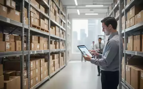 Ein modernes, aufgeräumtes Lagerhaus mit gestapelten Kartons und einem Mitarbeiter, der ein Tablet zur digitalen Bestandsverwaltung nutzt. - Foto: über boerse-global.de
