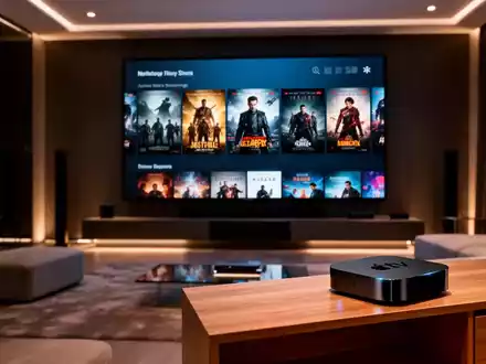 Ein modernes Home-Cinema-Setup mit einem Apple TV und einem hochauflösenden Bildschirm, der eine Mediathek anzeigt. - Foto: über boerse-global.de