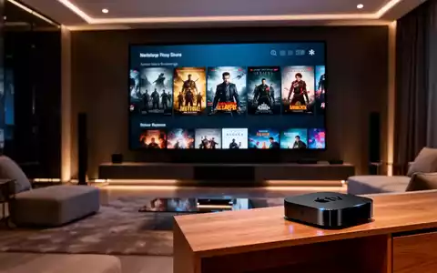 Ein modernes Home-Cinema-Setup mit einem Apple TV und einem hochauflösenden Bildschirm, der eine Mediathek anzeigt. - Foto: über boerse-global.de
