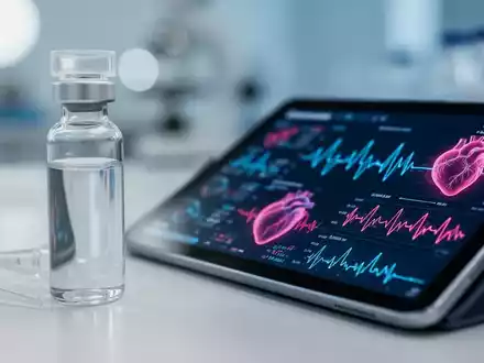 Medizinisches Labor mit einer Medikamentenampulle und einem Tablet, das kardiologische Daten zur Herzgesundheit anzeigt. - Foto: über boerse-global.de