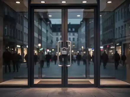 Verschlossene Eingangstür eines Einzelhandelsgeschäfts in einer deutschen Innenstadt bei Dämmerung. - Foto: über boerse-global.de
