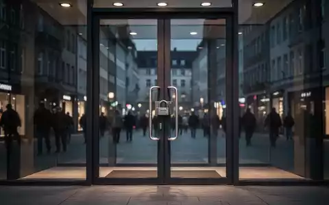 Verschlossene Eingangstür eines Einzelhandelsgeschäfts in einer deutschen Innenstadt bei Dämmerung. - Foto: über boerse-global.de