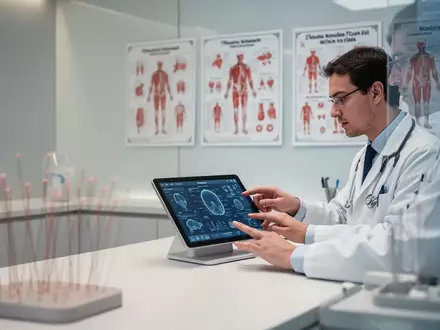 Ein Arzt nutzt ein Tablet in einer modernen Praxis, im Hintergrund sind unscharfe TCM-Unterlagen und medizinische Instrumente zu sehen. - Foto: über boerse-global.de