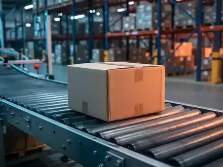 Ein einzelnes Paket auf einem industriellen Förderband in einem modernen Logistikzentrum. - Foto: über boerse-global.de
