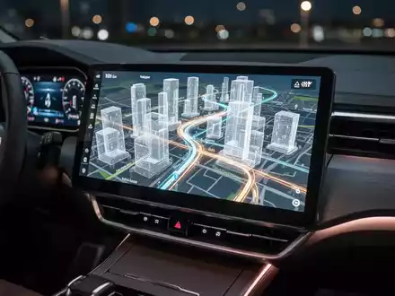 Modernes Fahrzeug-Cockpit mit einem Android Auto Navigationsbildschirm, der eine 3D-Karte mit transparenten Gebäuden zeigt. - Foto: über boerse-global.de