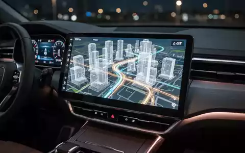 Modernes Fahrzeug-Cockpit mit einem Android Auto Navigationsbildschirm, der eine 3D-Karte mit transparenten Gebäuden zeigt. - Foto: über boerse-global.de