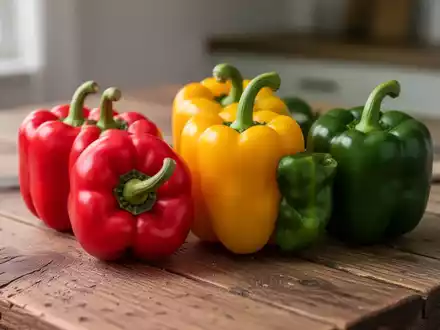 Frische bunte Paprika auf einem Holztisch bei natürlichem Licht. - Foto: über boerse-global.de