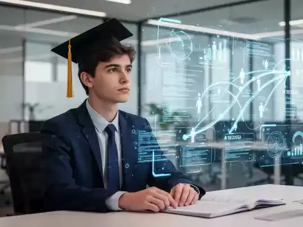 Ein junger Hochschulabsolvent blickt nachdenklich auf eine digitale Datenprojektion zur beruflichen Zukunft mit KI. - Foto: über boerse-global.de
