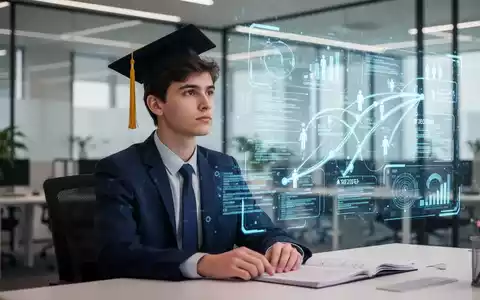 Ein junger Hochschulabsolvent blickt nachdenklich auf eine digitale Datenprojektion zur beruflichen Zukunft mit KI. - Foto: über boerse-global.de