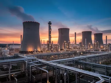 Ein weitläufiger Chemiepark bei Sonnenuntergang mit Industrieanlagen, Schornsteinen und Rohrleitungen vor einem Abendhimmel. - Foto: über boerse-global.de