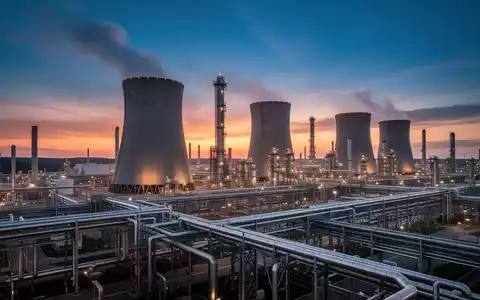 Ein weitläufiger Chemiepark bei Sonnenuntergang mit Industrieanlagen, Schornsteinen und Rohrleitungen vor einem Abendhimmel. - Foto: über boerse-global.de