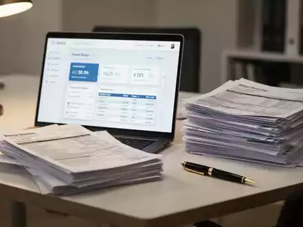 Laptop mit Online-Banking-Oberfläche und Steuerunterlagen auf einem Schreibtisch zur Veranschaulichung steuerlicher Nachweise. - Foto: über boerse-global.de