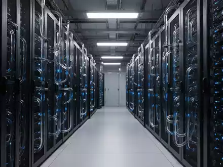 Hochdichte flüssigkeitsgekühlte Server-Racks in einem modernen Rechenzentrum mit blauen Statuslichtern. - Foto: über boerse-global.de