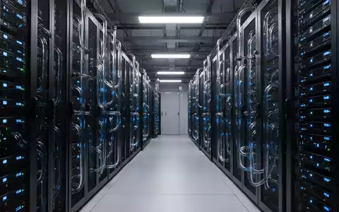 Hochdichte flüssigkeitsgekühlte Server-Racks in einem modernen Rechenzentrum mit blauen Statuslichtern. - Foto: über boerse-global.de