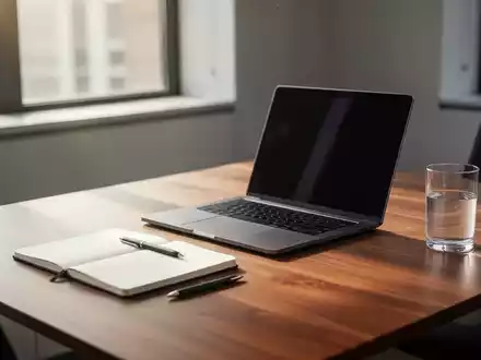 Ein aufgeräumter, minimalistischer Schreibtisch mit Laptop und Notizbuch in hellem, natürlichem Licht. - Foto: über boerse-global.de