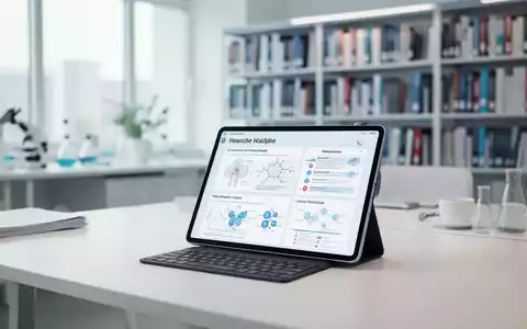 Ein Tablet mit wissenschaftlichen Gesundheitsdaten auf einem modernen Schreibtisch in einer Bibliothek. - Foto: über boerse-global.de