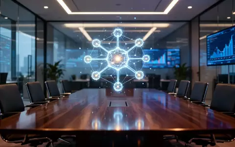 Leuchtendes Blockchain-Netzwerk-Hologramm auf modernem Konferenztisch, das digitale Unternehmensinnovation symbolisiert. - Foto: über boerse-global.de