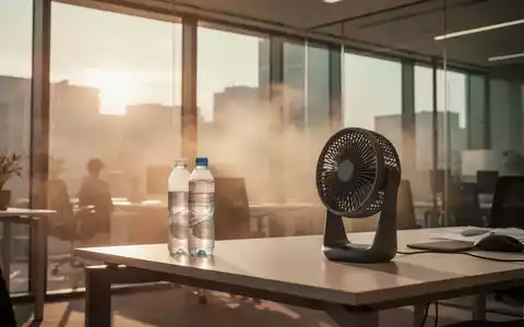 Ein moderner, sonnendurchfluteter Büroarbeitsplatz mit einer Wasserflasche und einem Ventilator als Symbol für Hitzeschutz. - Foto: über boerse-global.de