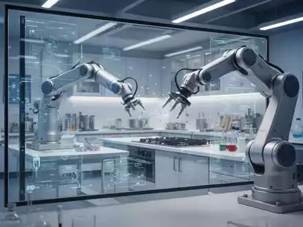 Ein Roboterarm interagiert in einer fotorealistischen 3D-Simulation mit einer komplexen Küchenumgebung auf einem Bildschirm. - Foto: über boerse-global.de
