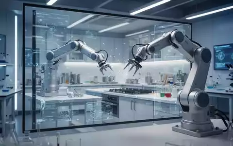 Ein Roboterarm interagiert in einer fotorealistischen 3D-Simulation mit einer komplexen Küchenumgebung auf einem Bildschirm. - Foto: über boerse-global.de