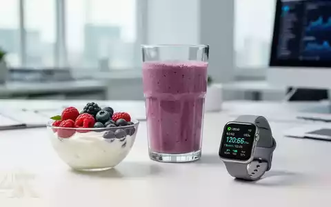 Ein moderner Schreibtisch mit einem Protein-Shake, frischem Joghurt und einer Smartwatch als Symbol für gesunde Ernährung. - Foto: über boerse-global.de