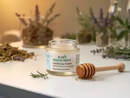 Eine Dose mit Bienengift-Salbe neben einem Honiglöffel auf einem medizinischen Behandlungstisch. - Foto: über boerse-global.de