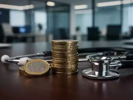 Stethoskop und Euro-Münzen auf einem Schreibtisch als Symbol für die Finanzkrise bei gesetzlichen Krankenkassen. - Foto: über boerse-global.de