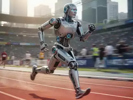 Ein humanoider Roboter läuft auf einer Laufstrecke bei einem Marathon, Fokus auf die technische Konstruktion. - Foto: über boerse-global.de