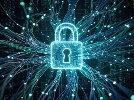 Digitales Vorhängeschloss eingebettet in ein abstraktes Netzwerk aus Glasfaserkabeln und Datenströmen. - Foto: über boerse-global.de