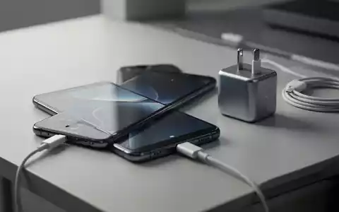 Ein modernes Smartphone neben einem USB-C-Netzteil und Ladekabel auf einer minimalistischen Schreibtischfläche. - Foto: über boerse-global.de