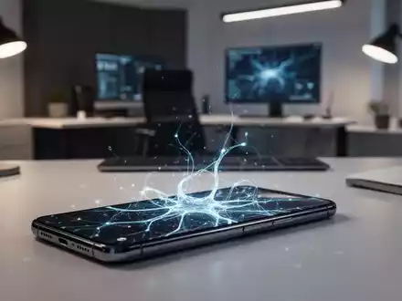 Ein Smartphone zeigt abstrakte neuronale Netzwerkmuster in einem modernen, professionellen Homeoffice. - Foto: über boerse-global.de