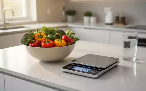 Gesunde Lebensmittel, eine digitale Küchenwaage und ein Glas Wasser auf einer modernen Arbeitsplatte. - Foto: über boerse-global.de