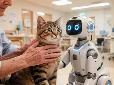 Eine ältere Person streichelt eine realistische Roboterkatze in einem modernen Pflegezentrum. - Foto: über boerse-global.de