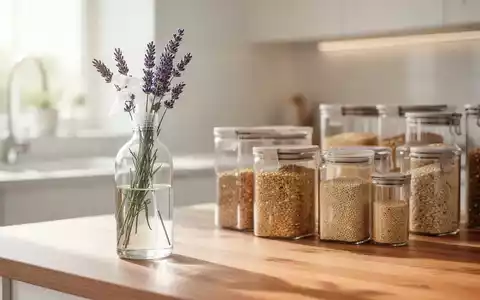Minimalistische Küche mit Glasbehältern, einer Sprühflasche und Lavendelzweigen als Symbol für natürliche Schädlingsabwehr. - Foto: über boerse-global.de