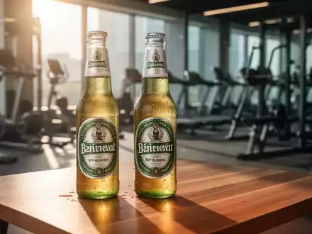 Eine Flasche alkoholfreies Bier auf einem Holztisch vor einem unscharfen Hintergrund mit Fitnessgeräten. - Foto: über boerse-global.de