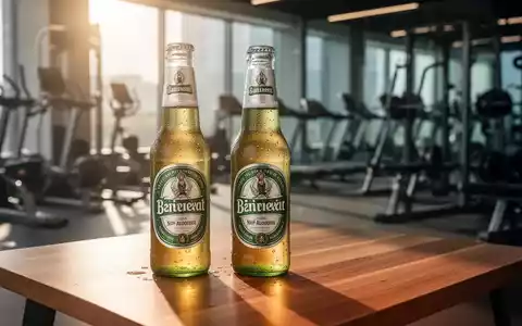 Eine Flasche alkoholfreies Bier auf einem Holztisch vor einem unscharfen Hintergrund mit FitnessgerĂ€ten. - Foto: ĂŒber boerse-global.de