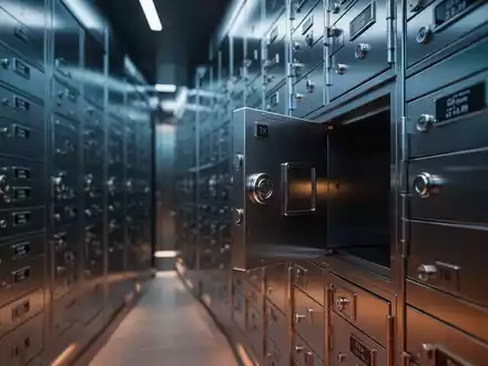 Moderner Bankschließfachraum mit Reihen aus Stahl-Schließfächern unter professionellem Filmlicht. - Foto: über boerse-global.de