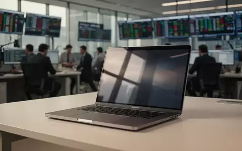 Ein MacBook Pro auf einem Schreibtisch in einem modernen Finanzbüro mit verschwommenem Hintergrund. - Foto: über boerse-global.de