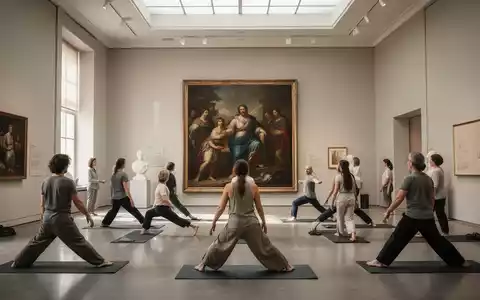 Menschen praktizieren Yoga und Achtsamkeitsübungen in einem hellen, modernen Kunstmuseum vor einem großen Gemälde. - Foto: über boerse-global.de