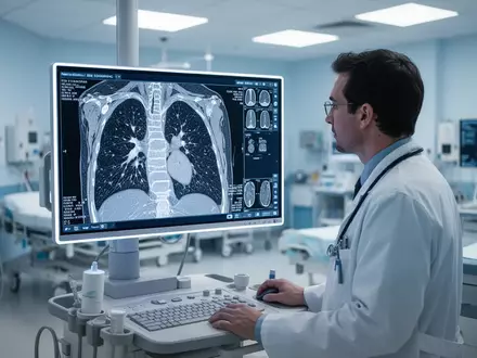 Ein Arzt betrachtet eine hochauflösende CT-Aufnahme der Lunge auf einem Monitor in einem modernen medizinischen Umfeld. - Foto: über boerse-global.de