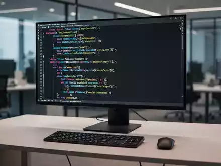 Moderner, aufgeräumter Arbeitsplatz eines Softwareentwicklers mit hochauflösendem Monitor, der Programmcode anzeigt. - Foto: über boerse-global.de