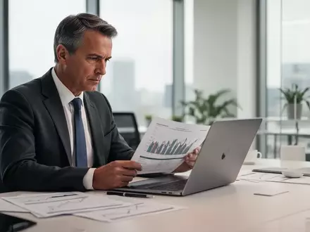 Person in den Vierzigern arbeitet konzentriert an einem Laptop an einer Finanzplanung für den Ruhestand. - Foto: über boerse-global.de